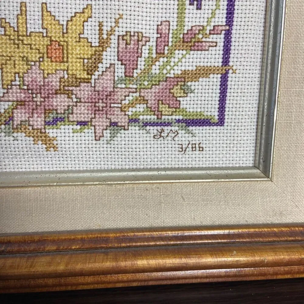 Vintage Fifty Golden Years Framed Floral Tulip Needlepoint Gift Signed Wall Art